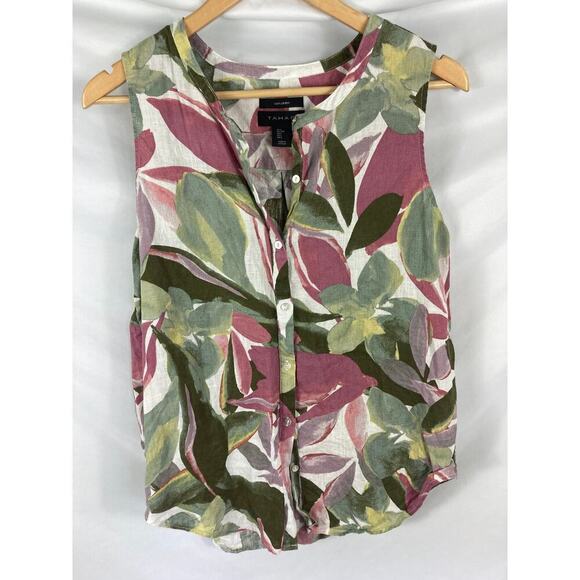 Tahari Linen Tropical Floral Print Sleeveless Button Up Blouse Size Large - Picture 1 of 8